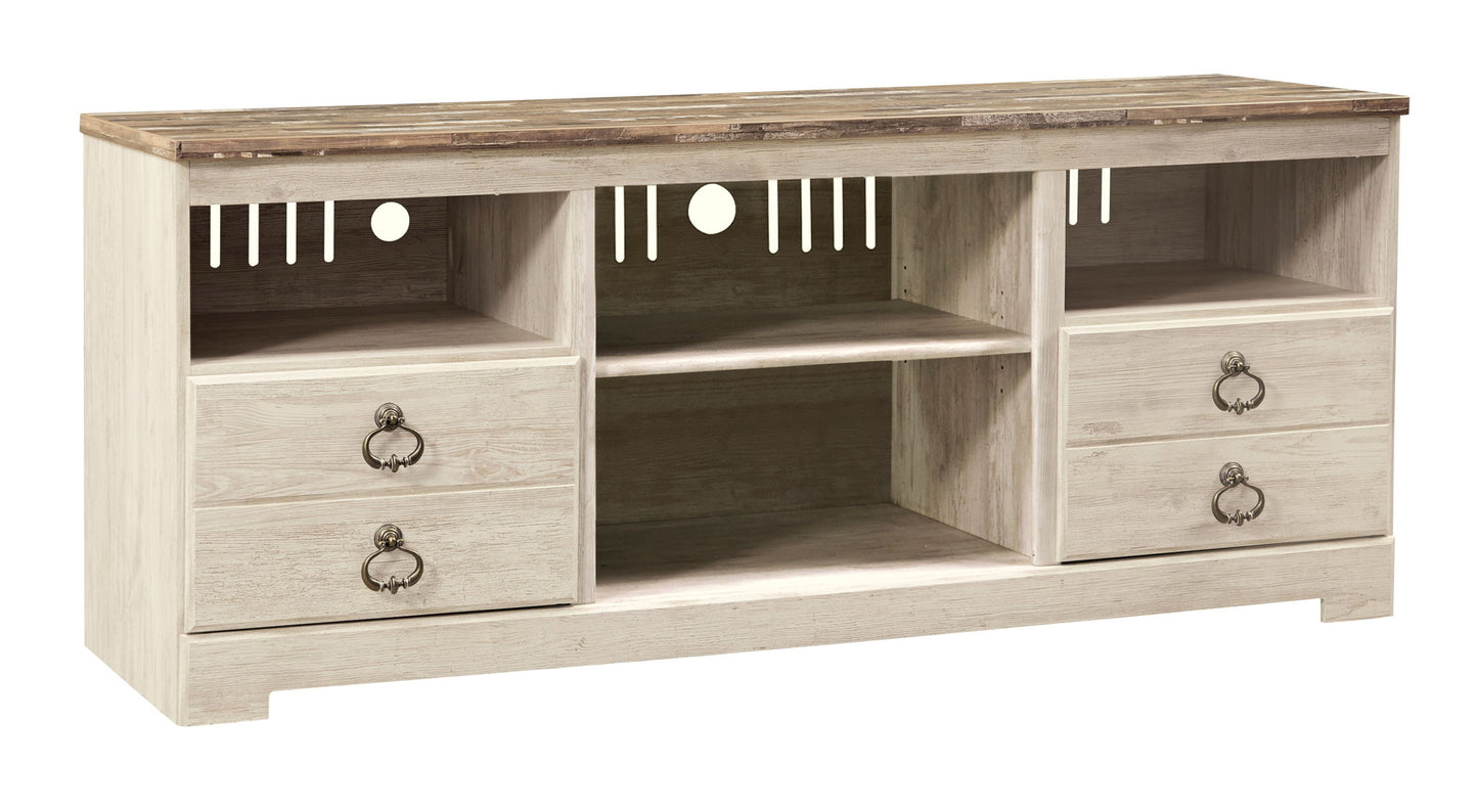 Willowton - Whitewash - Entertainment Center - TV Stand With Faux Firebrick Fireplace Insert - Hornell Furniture Outlet