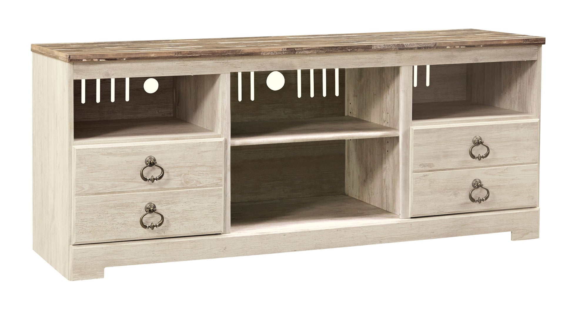 Willowton - Whitewash - Entertainment Center - TV Stand With Faux Firebrick Fireplace Insert - Hornell Furniture Outlet