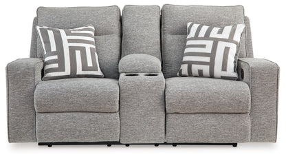 Biscoe - Pewter - Power Reclining Loveseat With Console /Adj Headrest - Hornell Furniture Outlet