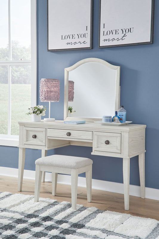 Robbinsdale - Antique White - Mirrored Vanity With Stool - Hornell Furniture Outlet