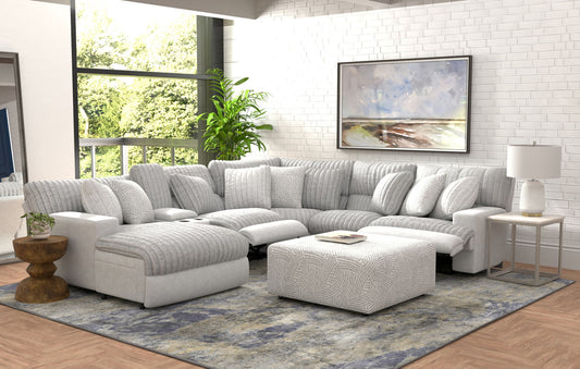 Abraxas - 6 Piece Power Reclining Sectional With Lay - Back Chaise, 2 Reclining Seats, And Included Cocktail Ottoman (LSF Chaise) - Moonstruck - Hornell Furniture Outlet