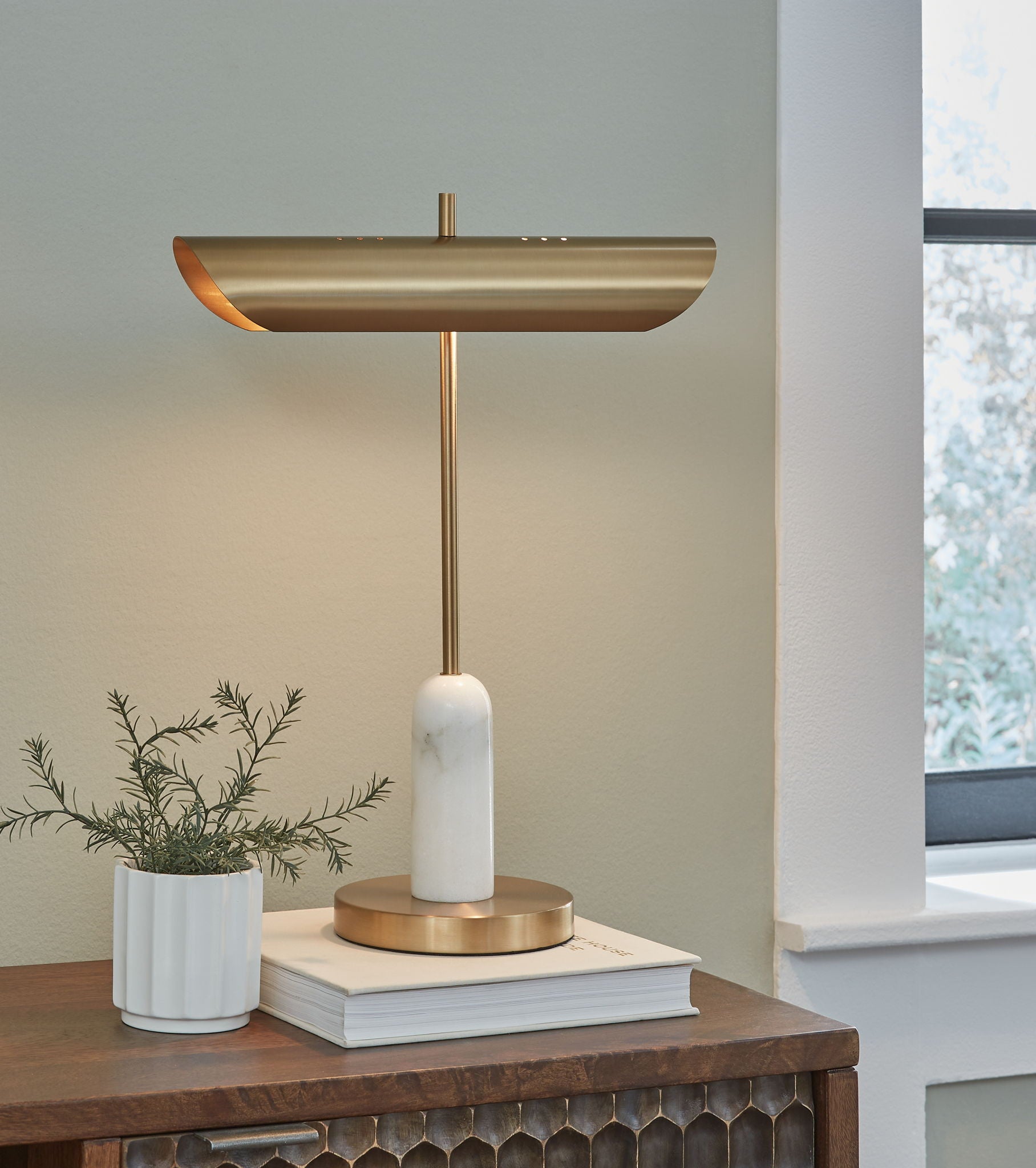 Rowleigh - Gold Finish / White - Marble Desk Lamp - Hornell Furniture Outlet