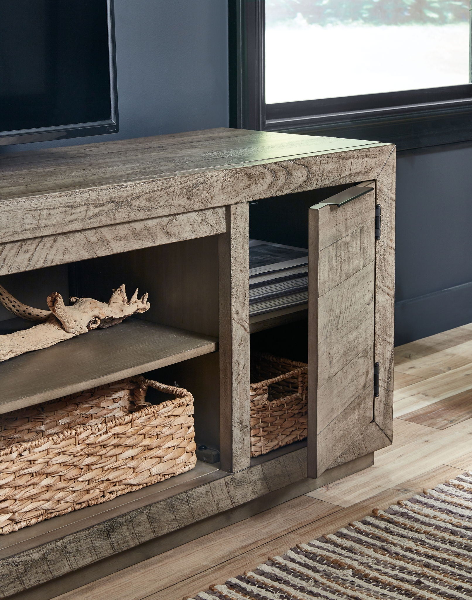Krystanza - Weathered Gray - TV Stand with Wide Fireplace Insert - Hornell Furniture Outlet