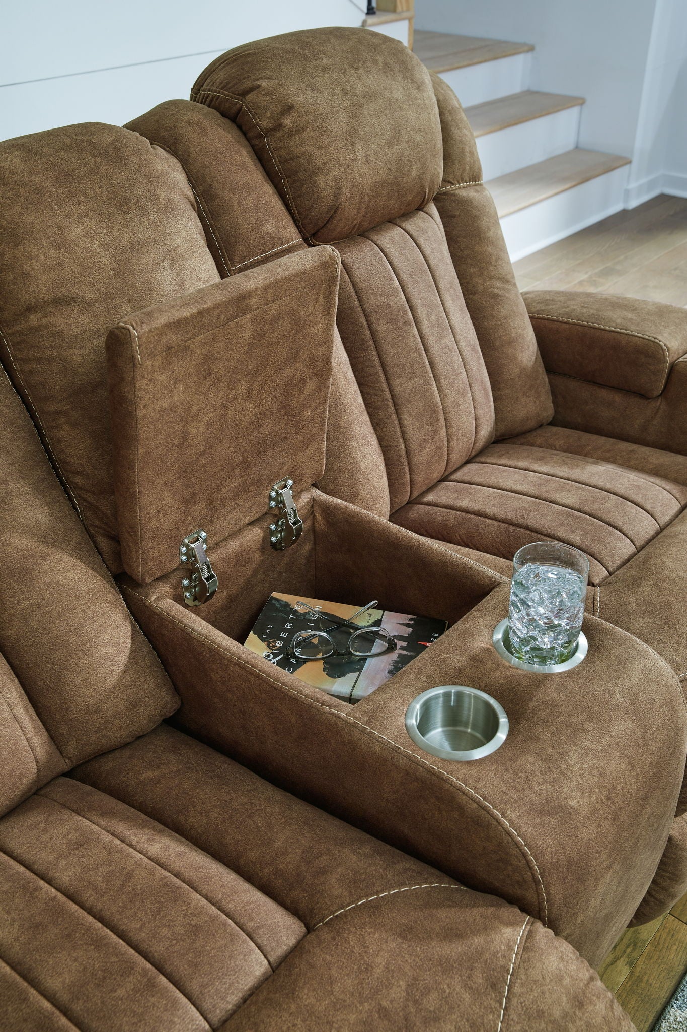 Wolfridge - Brindle - Power Reclining Loveseat With Console /Adj Hdrst - Hornell Furniture Outlet