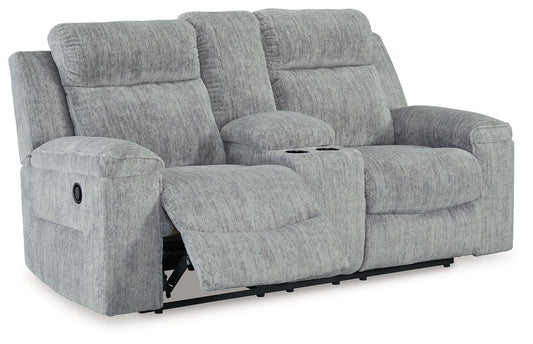 Buntington - Pewter - Dbl Reclining Loveseat with Console - Hornell Furniture Outlet