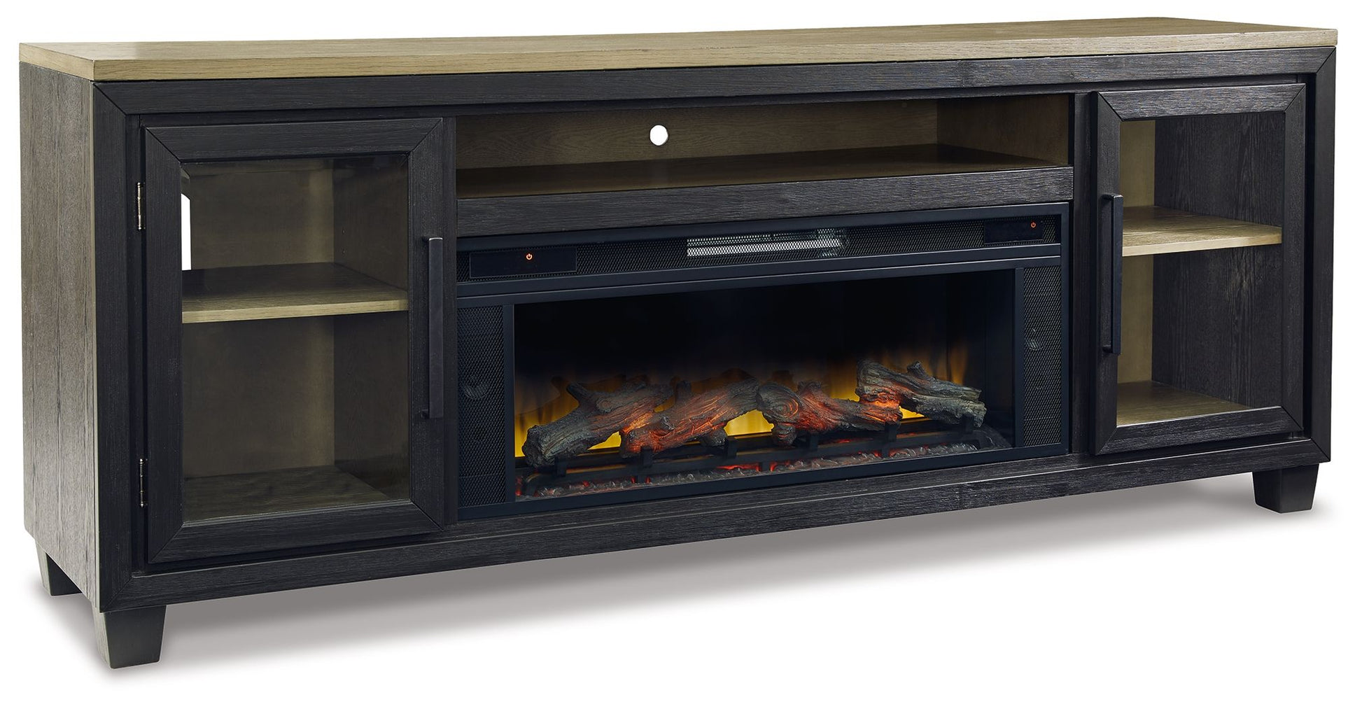 Foyland - Black / Brown - 83" TV Stand With Electric Infrared Fireplace Insert - Hornell Furniture Outlet