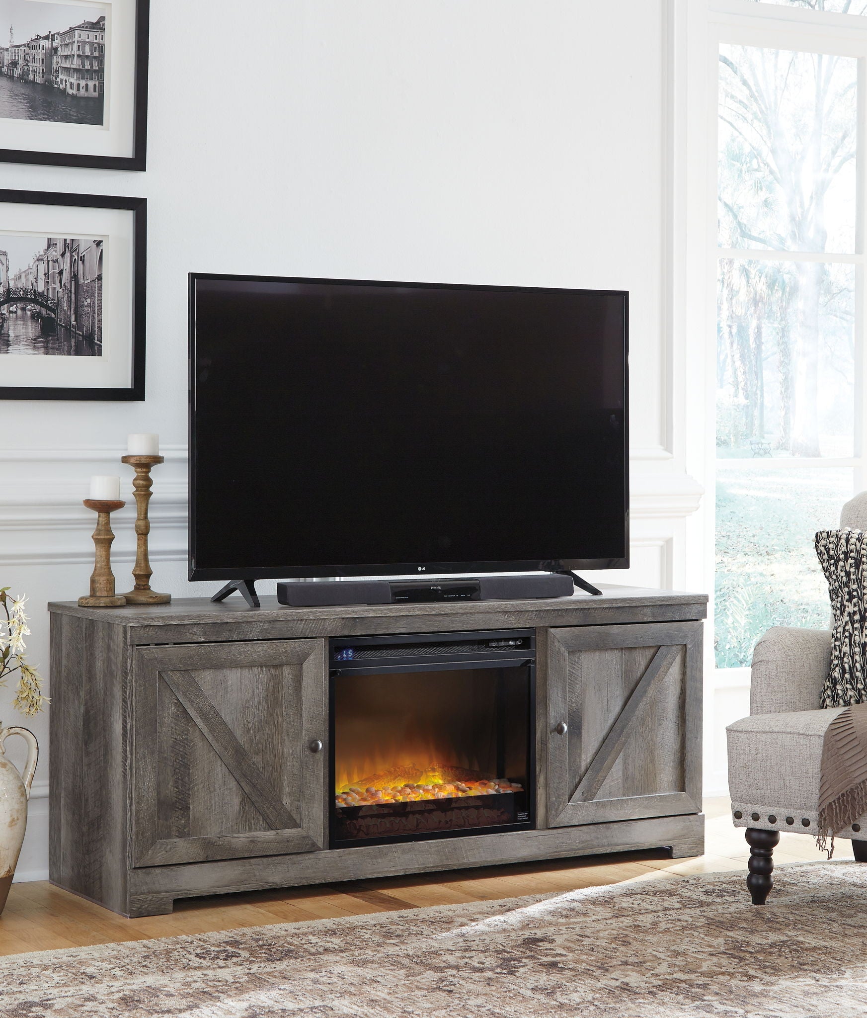 Wynnlow - Gray - 63" TV Stand With Glass/Stone Fireplace Insert - Hornell Furniture Outlet