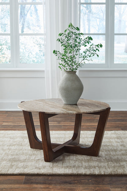 Tanidore - Warm Brown - Round Cocktail Table - Hornell Furniture Outlet
