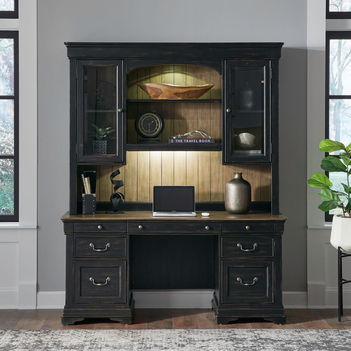 Meritage - Credenza & Hutch - Black - Hornell Furniture Outlet
