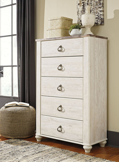 Willowton - Five Drawer Chest - Brown / Beige / White - Hornell Furniture Outlet