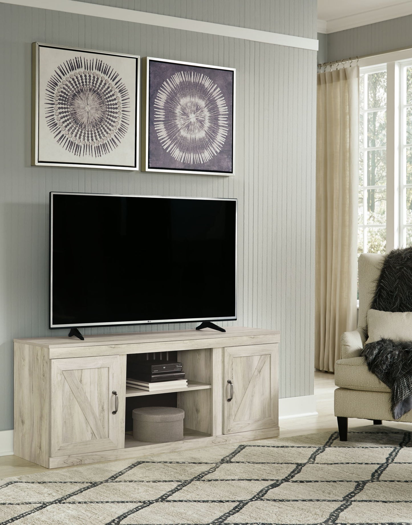 Bellaby - Whitewash - TV Stand With Faux Firebrick Fireplace Insert - Hornell Furniture Outlet