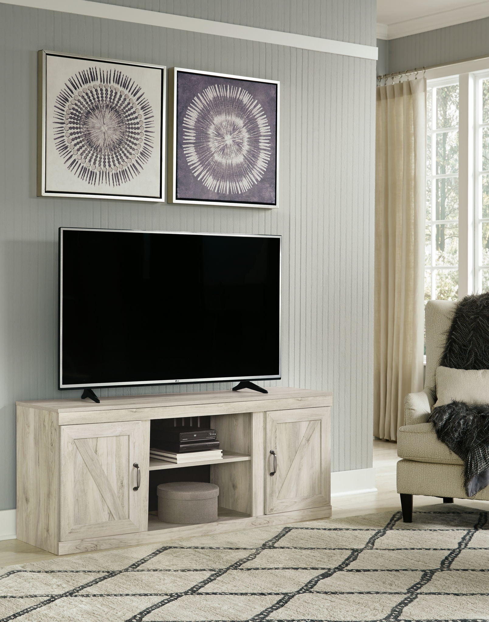 Bellaby - Whitewash - TV Stand With Faux Firebrick Fireplace Insert - Hornell Furniture Outlet