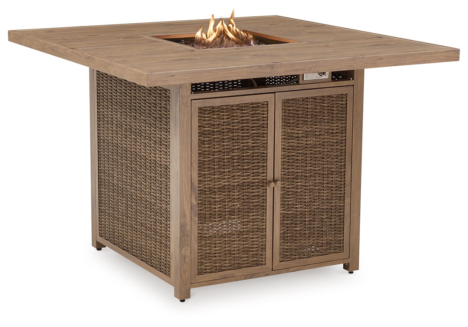 Walton Bridge - 5 Pc. - Square Bar Table W/Fire Pit, 4 Barstools - Driftwood - Hornell Furniture Outlet
