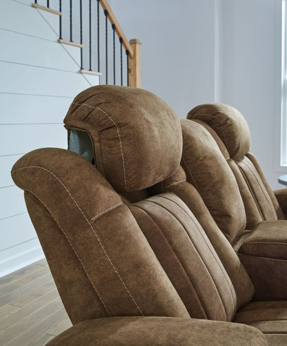 Wolfridge - Brindle - Power Reclining Loveseat With Console /Adj Hdrst - Hornell Furniture Outlet