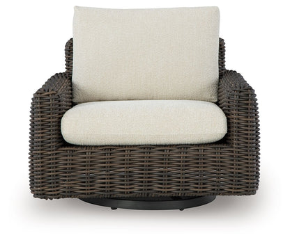 Kimora - 7 Pc. - 4 - Piece Outdoor Sectional, Swivel Glider Lounge, Cocktail Table, End Table - Beige / Dark Brown - Hornell Furniture Outlet