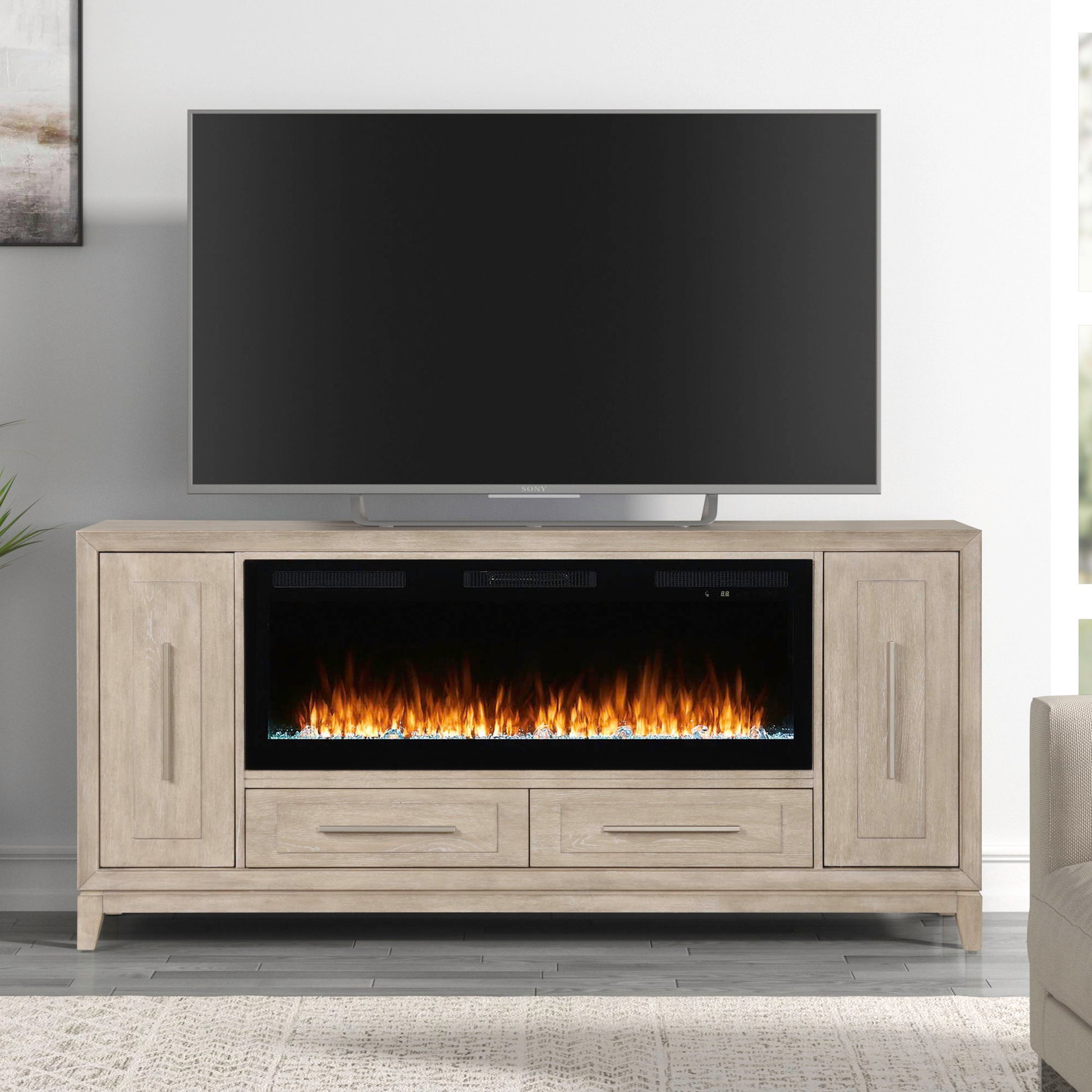 Fireplace TV Consoles - 80" Console With Fire FTS - Light Brown - Hornell Furniture Outlet