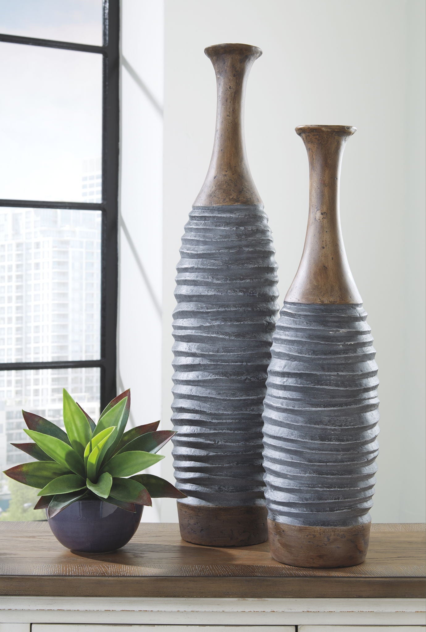 Blayze - Antique Gray / Brown - Vase Set (Set of 2) - Hornell Furniture Outlet