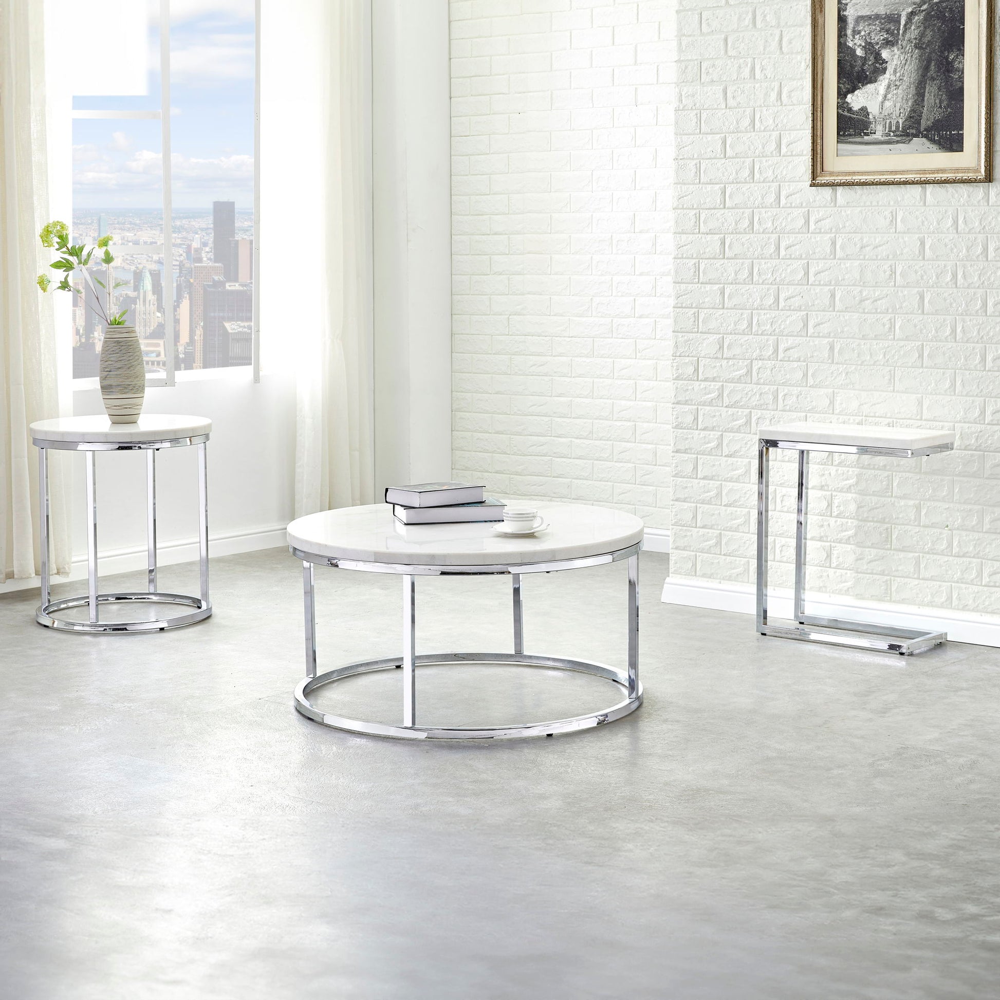 Echo - White Marble Top Round Cocktail Table - White - Hornell Furniture Outlet