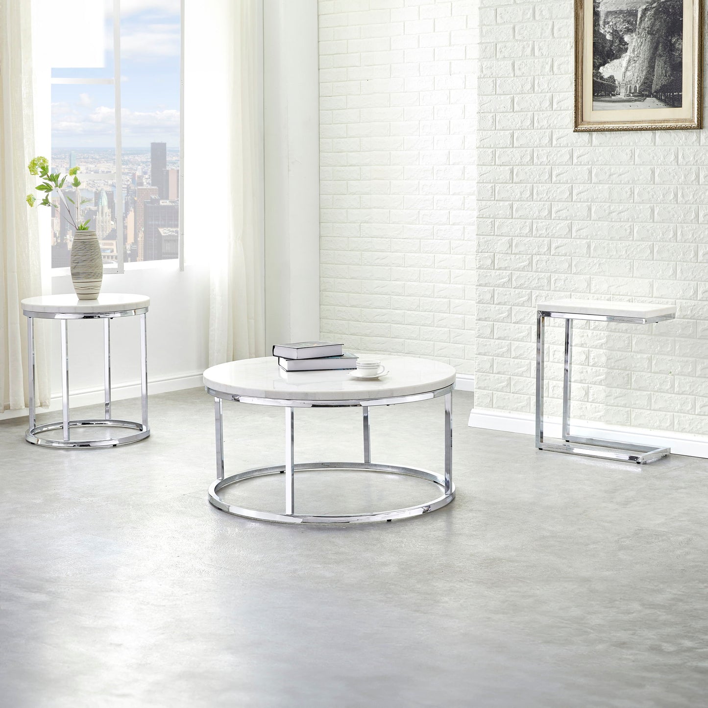 Echo - White Marble Top Chairside Table - White - Hornell Furniture Outlet