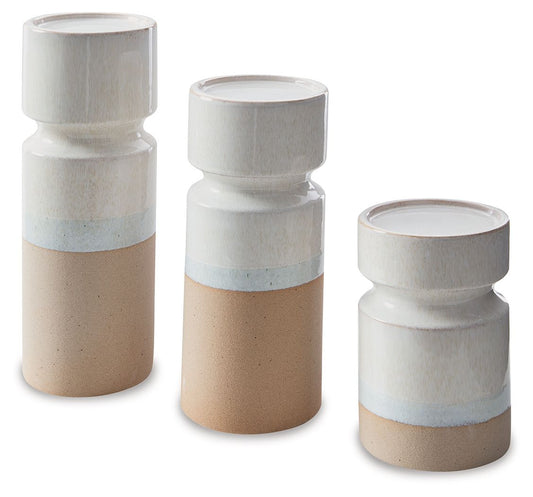 Hurston - Ivory / Brown - Candle Holder Set (Set of 3) - Hornell Furniture Outlet