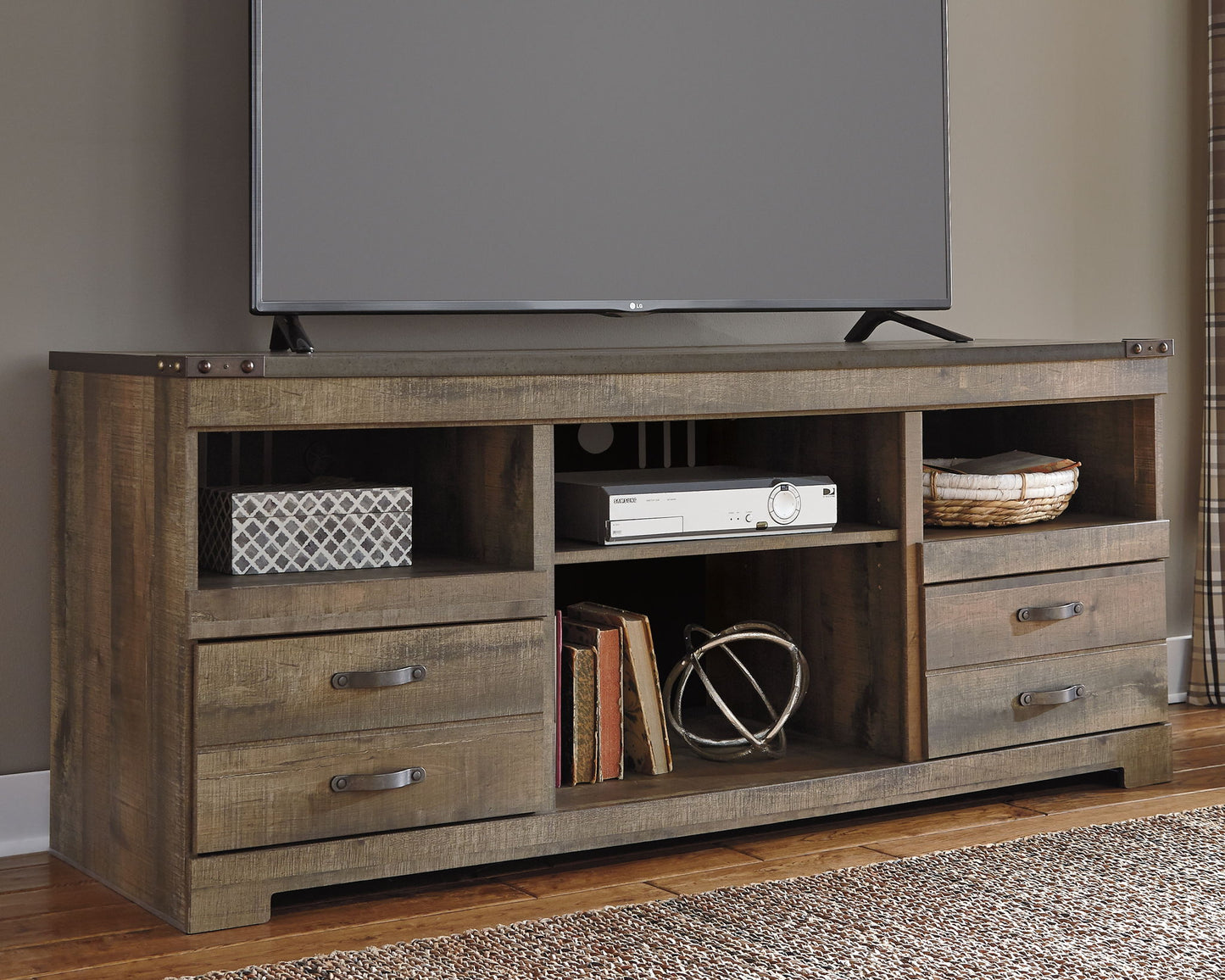 Trinell - Brown - 63" TV Stand With Glass/Stone Fireplace Insert - Hornell Furniture Outlet