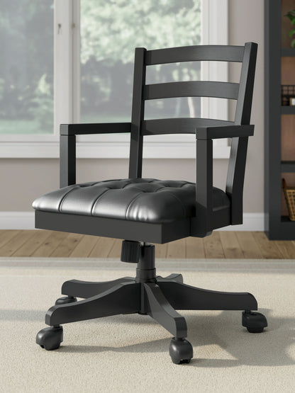 Wildenauer - Brown / Black - 4 Pc. - Home Office Desk And Return, Swivel Desk Chair, Bookcase - Hornell Furniture Outlet