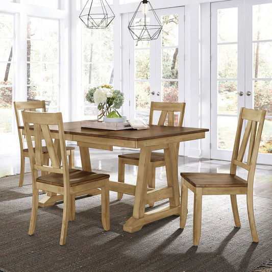 Lindsey Farm - 5 Piece Trestle Table Set - Natural & Brown - Hornell Furniture Outlet