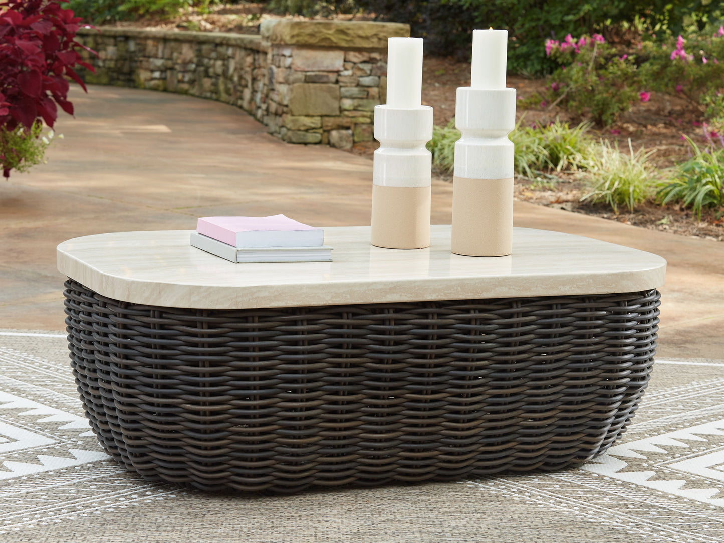 Kimora - 7 Pc. - 4 - Piece Outdoor Sectional, Swivel Glider Lounge, Cocktail Table, End Table - Beige / Dark Brown - Hornell Furniture Outlet