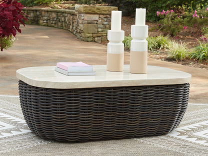 Kimora - 7 Pc. - 4 - Piece Outdoor Sectional, Swivel Glider Lounge, Cocktail Table, End Table - Beige / Dark Brown - Hornell Furniture Outlet