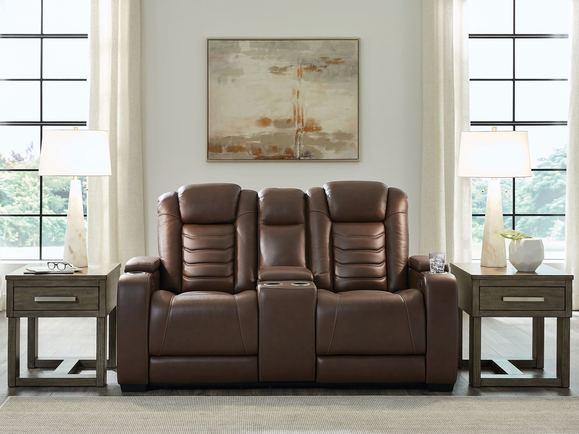 High Impact - Tobacco - Power Reclining Loveseat With Console / Adj Hdrst - Hornell Furniture Outlet