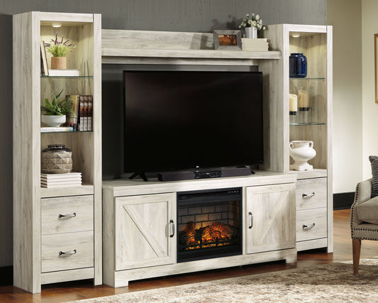 Bellaby - Whitewash - Entertainment Center - TV Stand With Faux Firebrick Fireplace Insert - Hornell Furniture Outlet