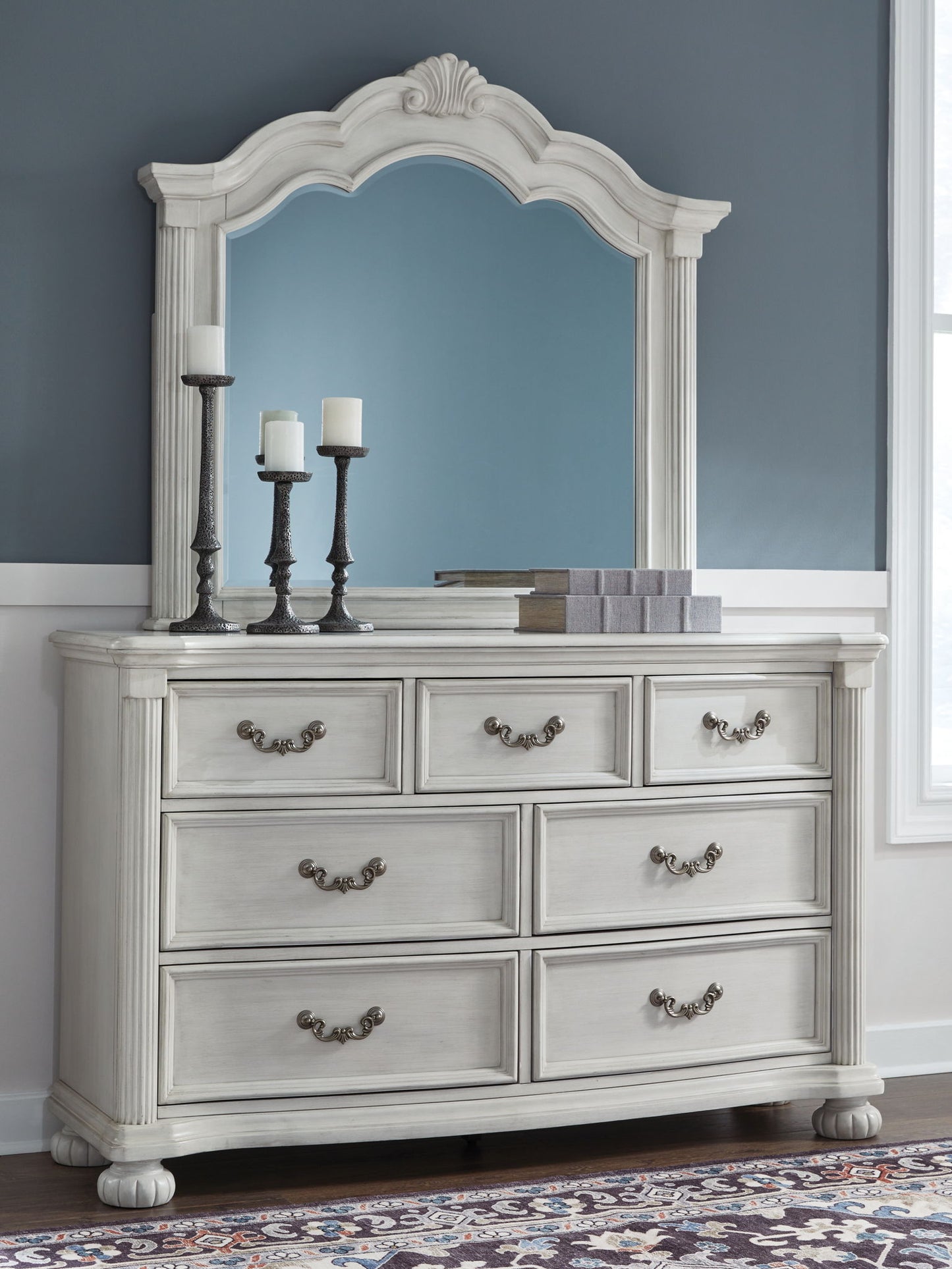 Montelaine - Antique White - Dresser And Mirror - Hornell Furniture Outlet