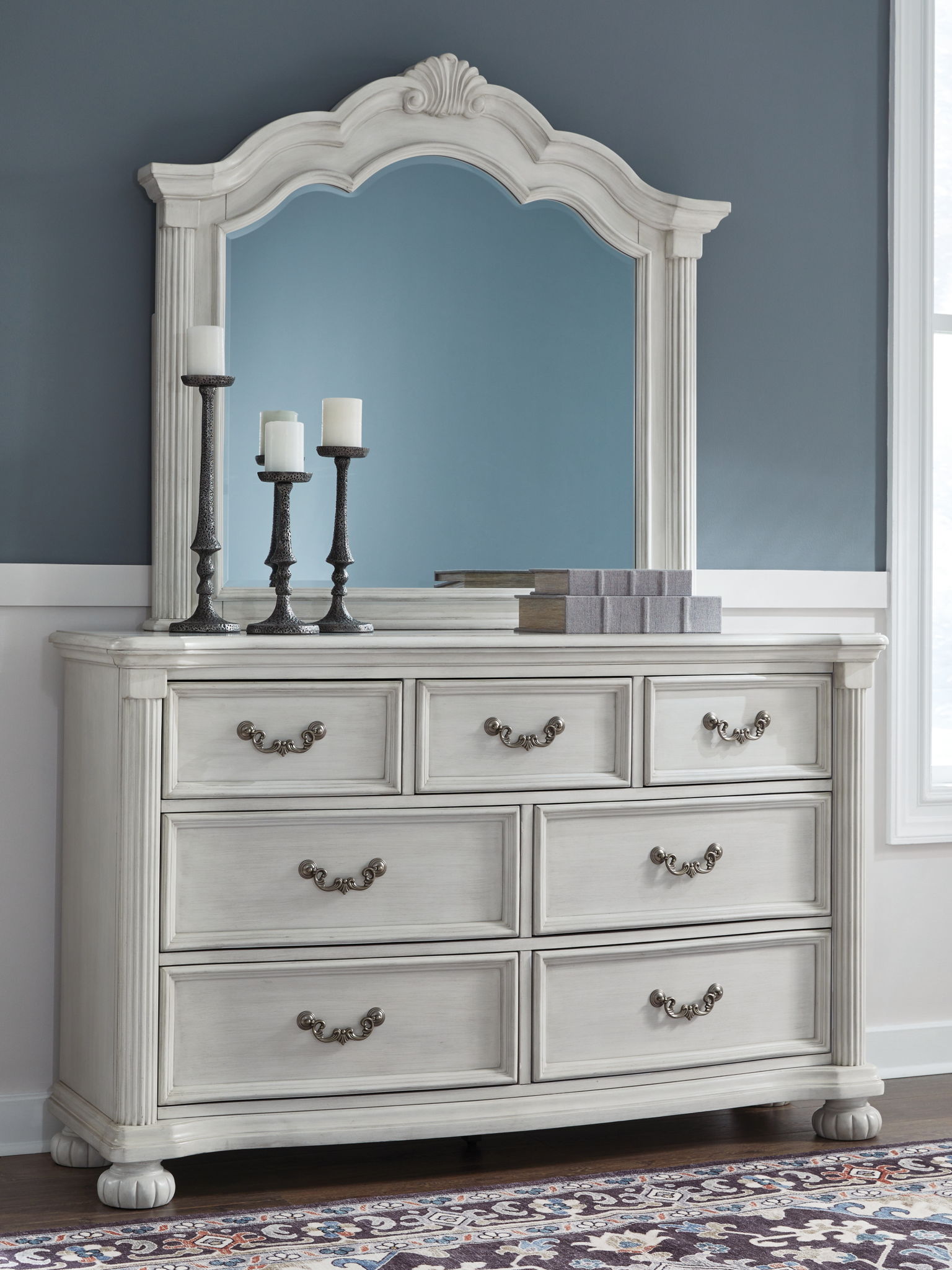 Montelaine - Antique White - Dresser And Mirror - Hornell Furniture Outlet