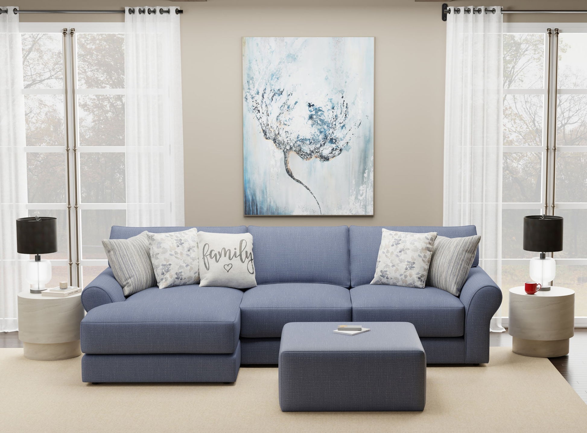 Cape May - Sofa Chaise With Comfort Coil Seating, 41" Cocktail Ottoman And 5 Accent Pillows Included - Hornell Furniture Outlet