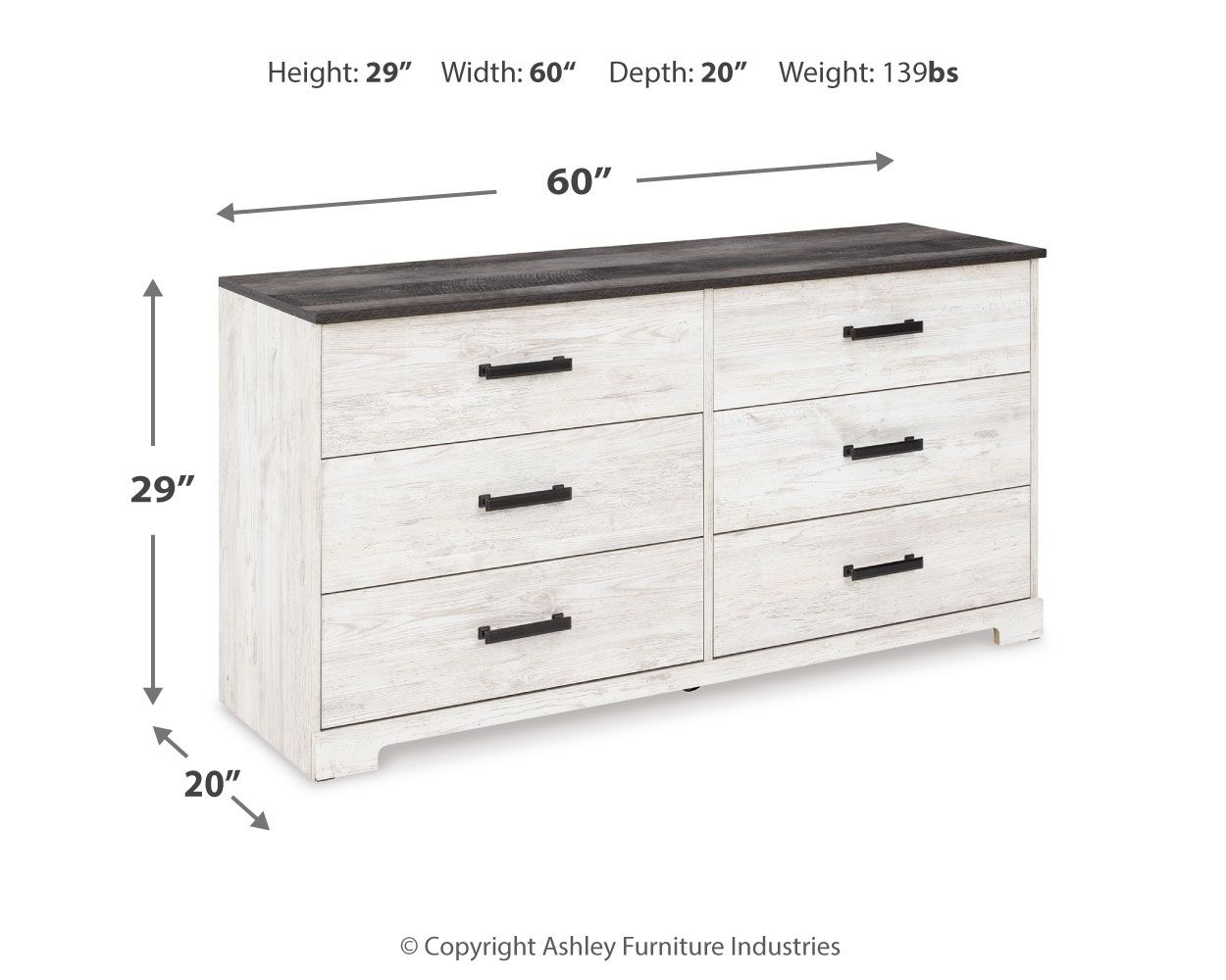 Shawburn - White / Black / Gray - Six Drawer Dresser - Pewter - tone pulls - Hornell Furniture Outlet