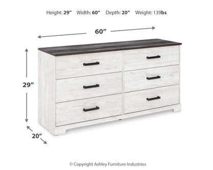 Shawburn - White / Black / Gray - Six Drawer Dresser - Pewter - tone pulls - Hornell Furniture Outlet