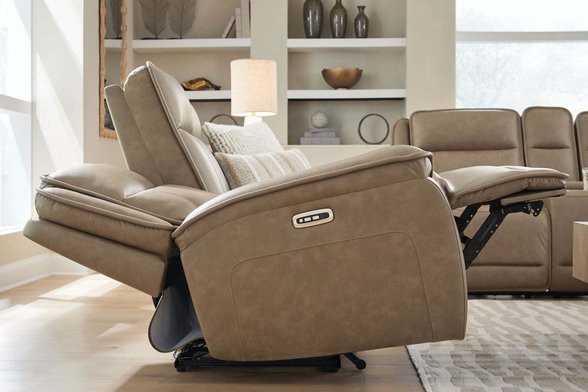 Glencroft - Power Reclining Loveseat With Console / Adjustable Headrest - Sahara - Hornell Furniture Outlet