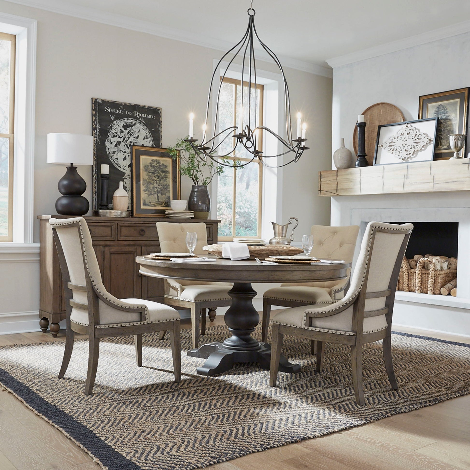 Americana Farmhouse - 5 Piece Pedestal Table Set (Upholstered Shelter Side Chairs) - Light Brown - Hornell Furniture Outlet