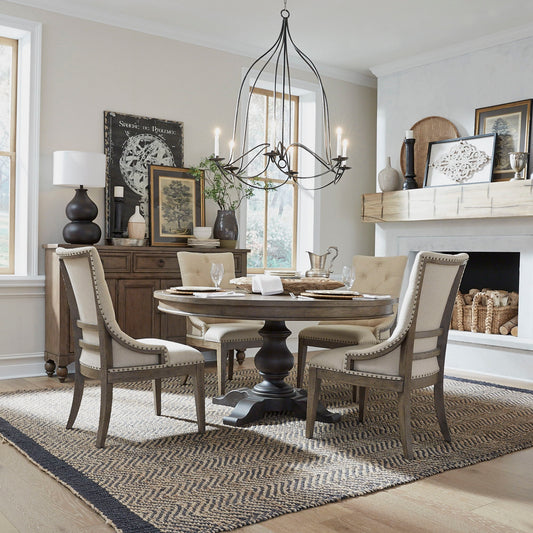 Americana Farmhouse - 5 Piece Pedestal Table Set (Upholstered Shelter Side Chairs) - Light Brown - Hornell Furniture Outlet