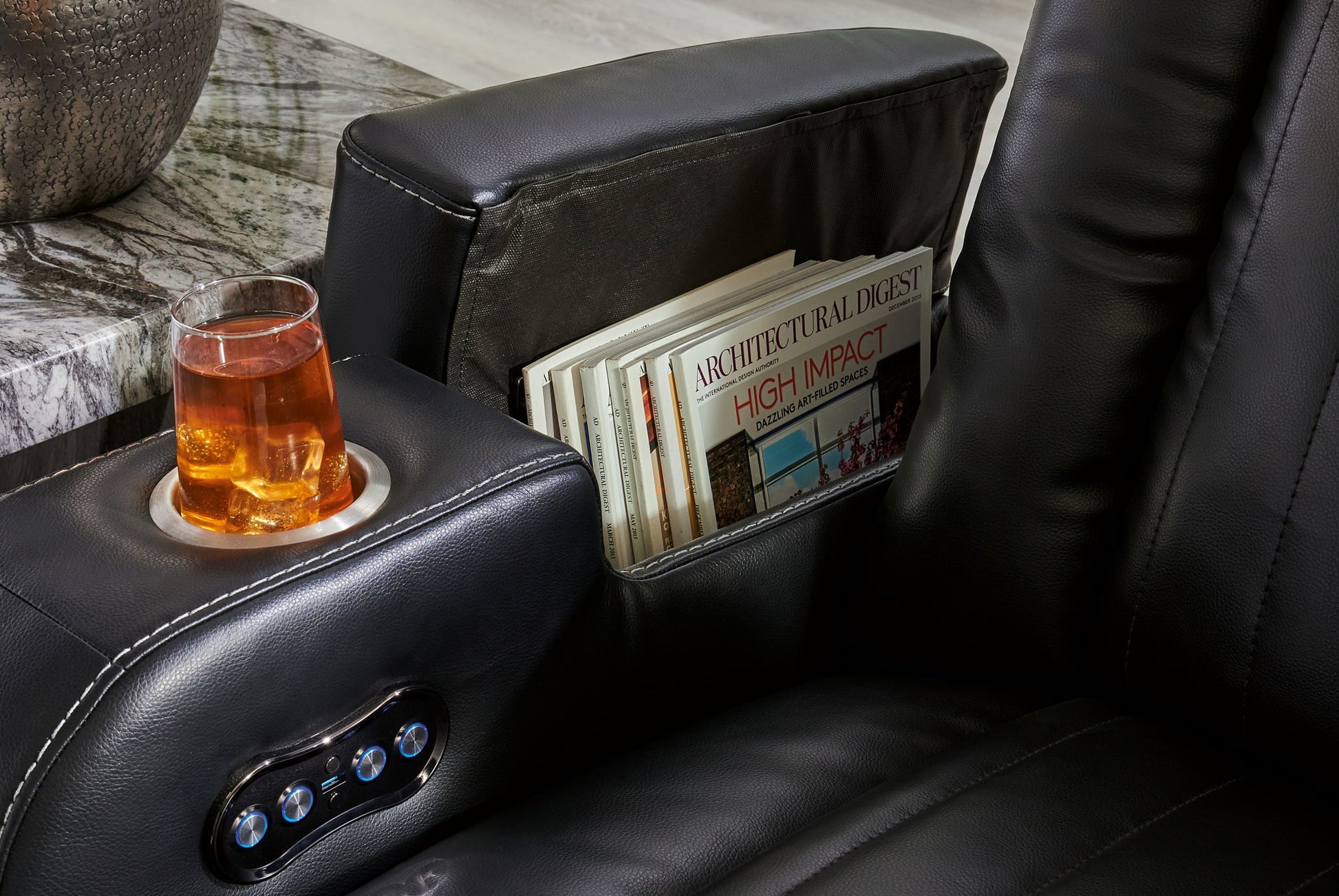 Caveman Den - Midnight - Power Reclining Loveseat with Console/ Adj Hdrst - Hornell Furniture Outlet