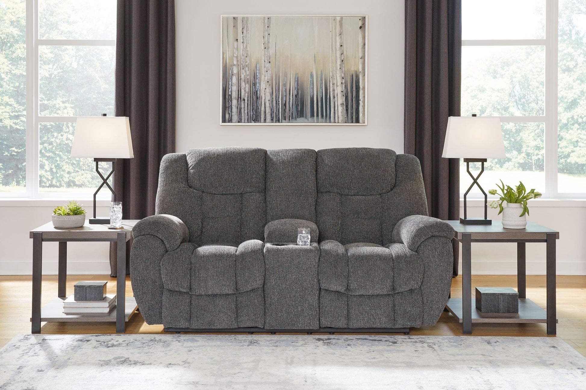 Foreside - Charcoal - Dbl Reclining Loveseat with Console - Hornell Furniture Outlet