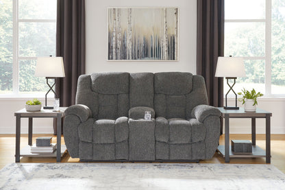 Foreside - Charcoal - Dbl Reclining Loveseat with Console - Hornell Furniture Outlet