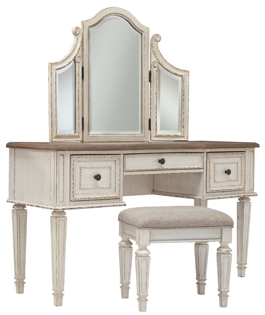 Realyn - White / Brown / Beige - Vanity/Mirror/Stool (Set of 3) - Hornell Furniture Outlet