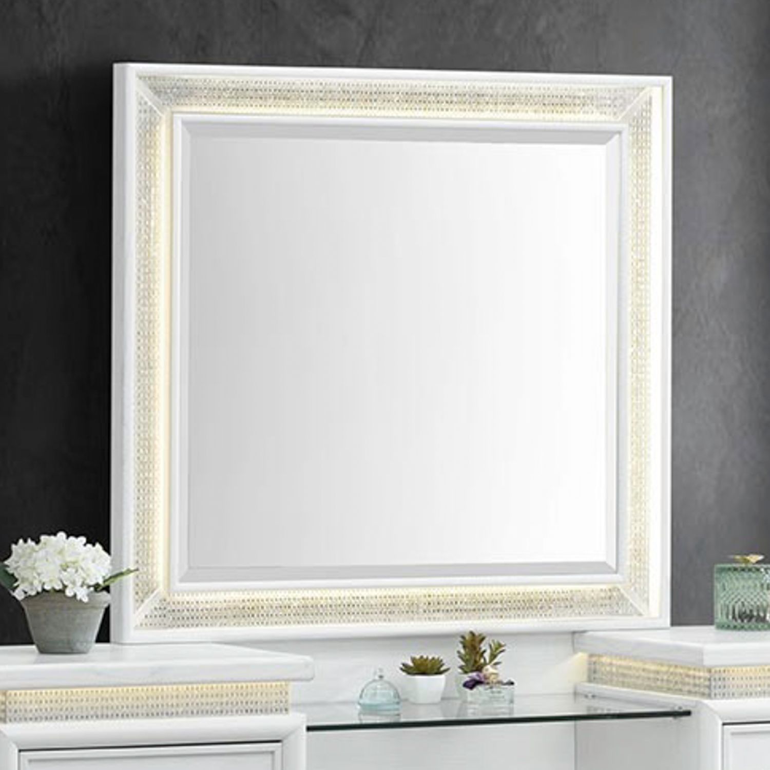 Reflections - Vanity Mirror - Pearl White & Rhinestone - Hornell Furniture Outlet