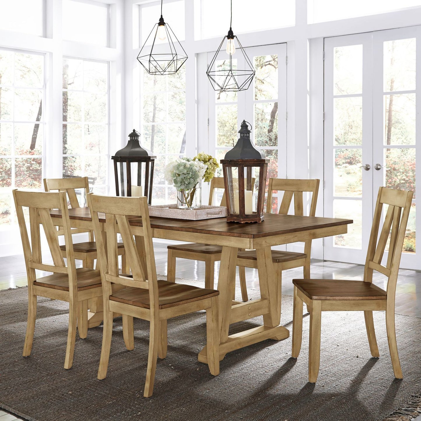 Lindsey Farm - 7 Piece Trestle Table Set - Natural & Brown - Hornell Furniture Outlet