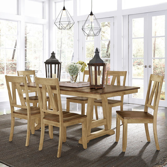 Lindsey Farm - 7 Piece Trestle Table Set - Natural & Brown - Hornell Furniture Outlet