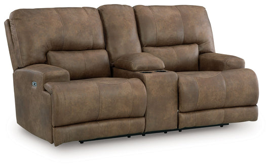 Beckley Place - Earth - Power Reclining Loveseat With Console / Adjustable Headrest - Hornell Furniture Outlet