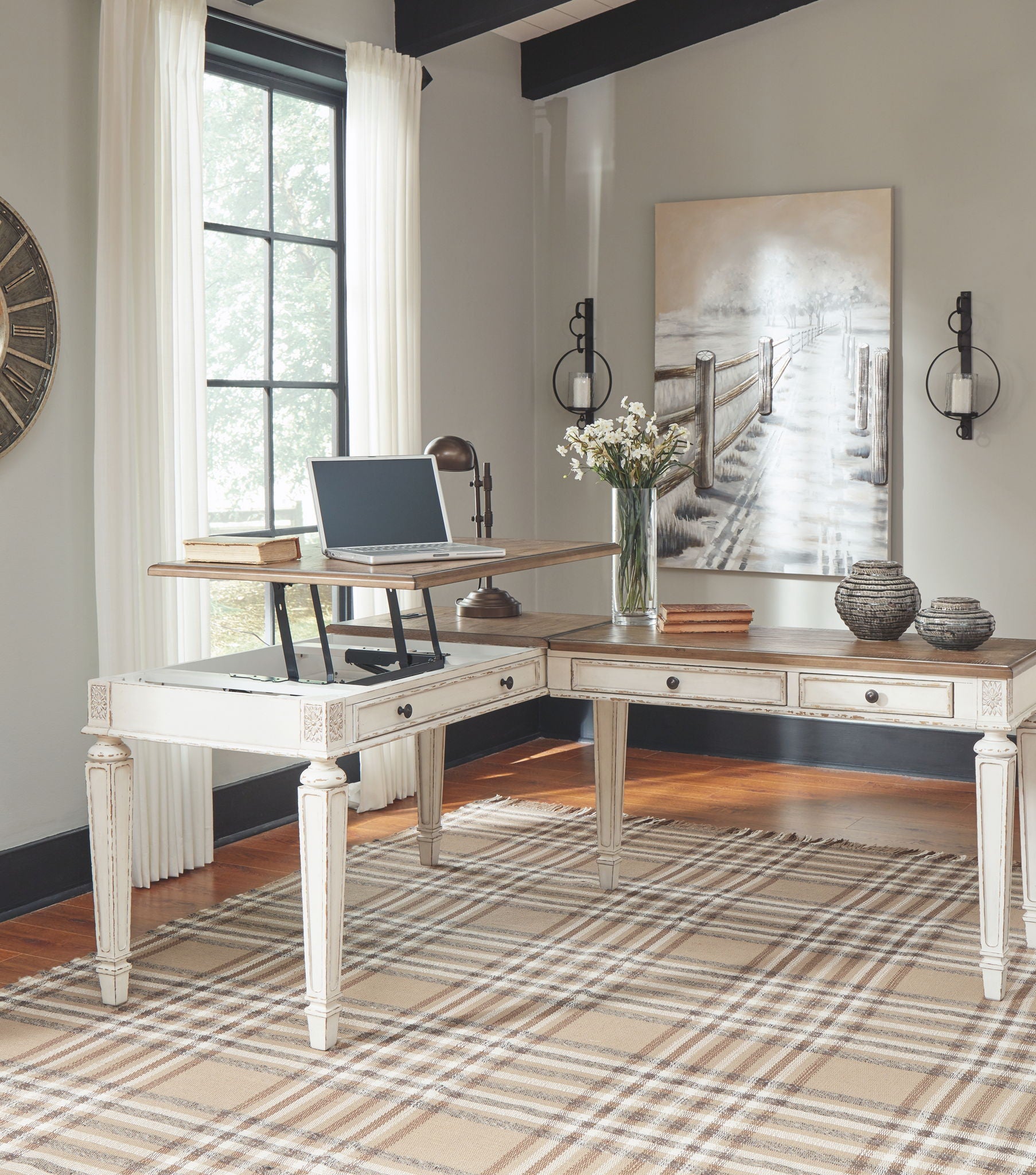 Realyn - White / Brown - Home Office Lift Top Desk - Hornell Furniture Outlet