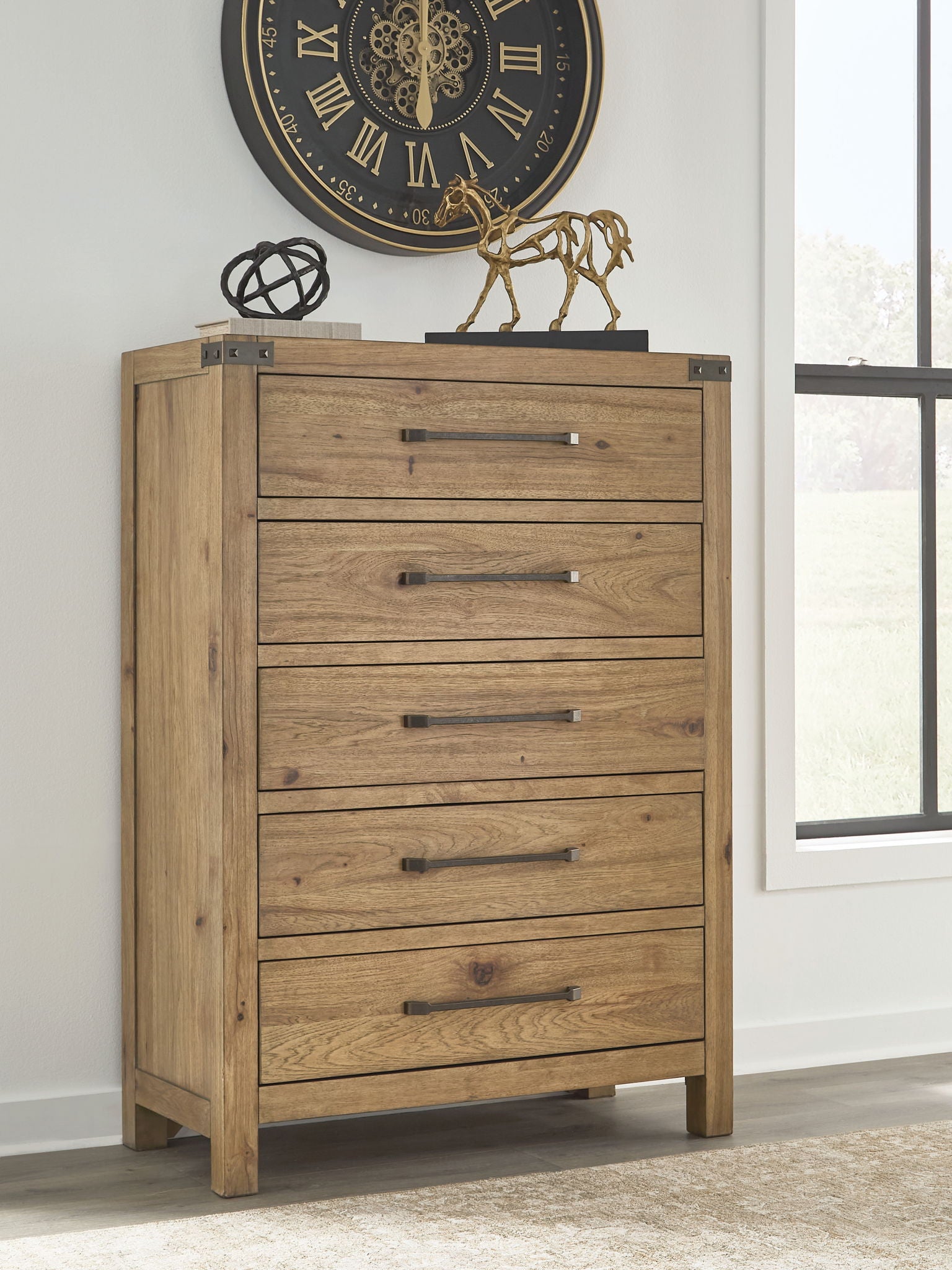 Ridgester - Five Drawer Chest - Light Brown - Hornell Furniture Outlet