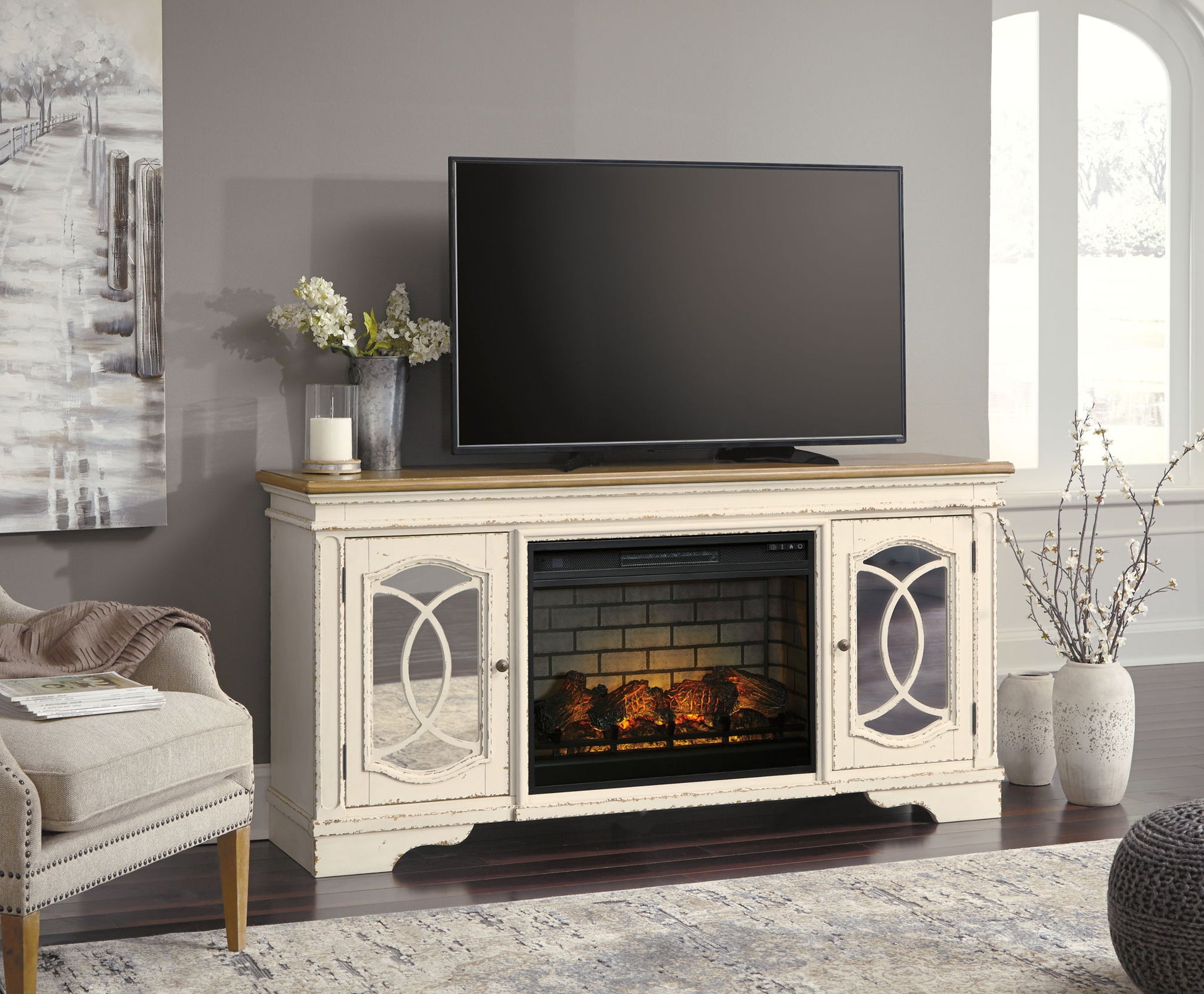 Realyn - Chipped White - 2 Pc. - 74" TV Stand with Electric Infrared Fireplace Insert - Hornell Furniture Outlet
